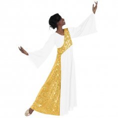 Body Wrappers Ministry Dance Shimmery Asymmetrical Bell Sleeve Dress