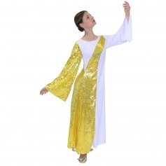 Danzcue Metallic Color Asymmetrical Bell Sleeve Dance Dress